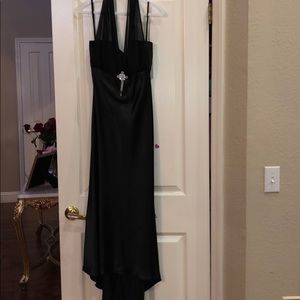 Black satin halter midi dress